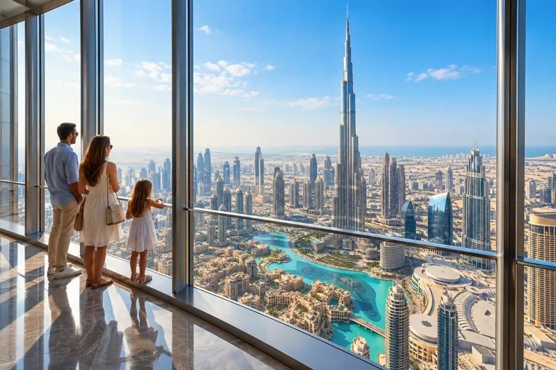 Illustration of visitors looking at a Dubai skyline from an observation deck