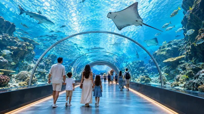 Illustration of visitors walking through an aquarium tunnel