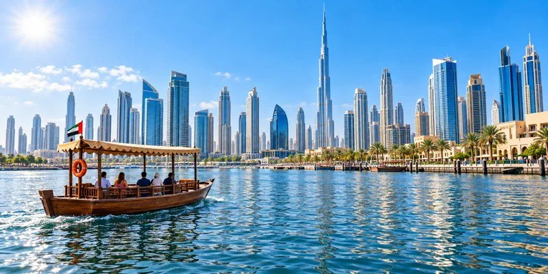 Illustration of a Dubai skyline and traditional boat on the water