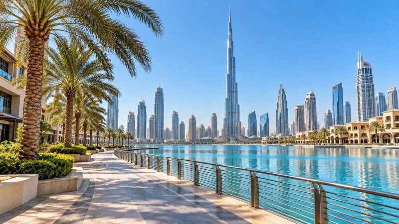 Illustration of a Dubai waterfront promenade and skyline